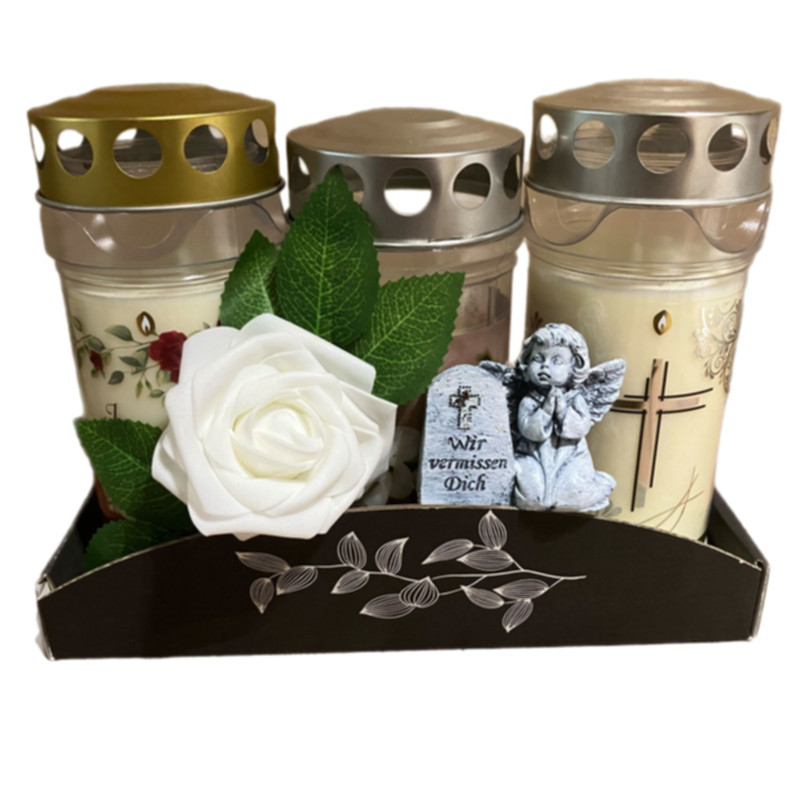 Trauer-Gedenk-Set mit Qualitäts-Kerzen von Hofer-Kerzen, Engel-Figur & Kunstrose